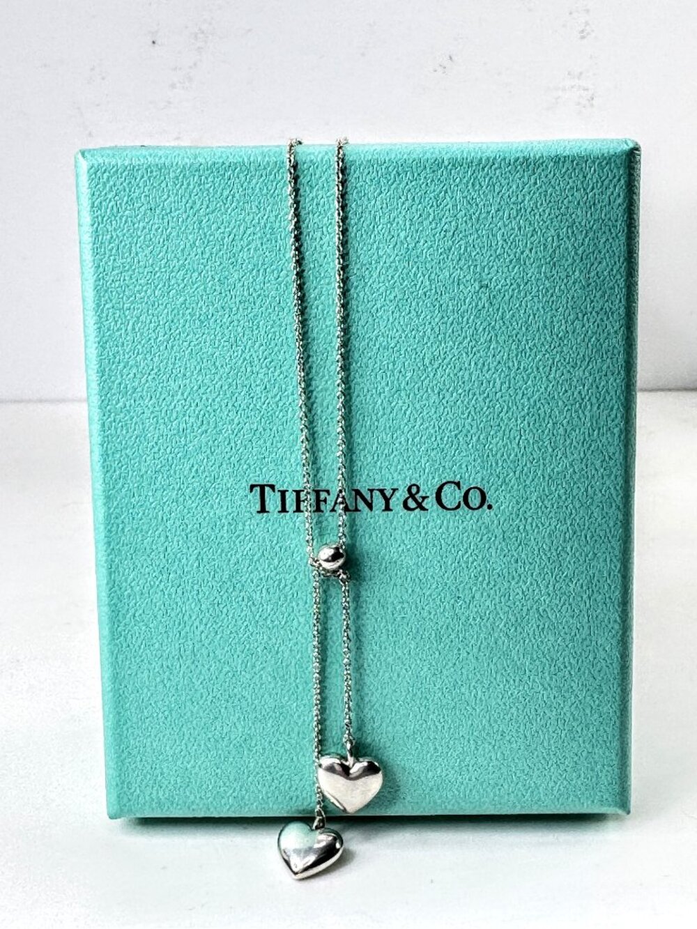 Tiffany & Co. Sterling Silver Double Heart Lariat Tassel Necklace 5.7g JR2005